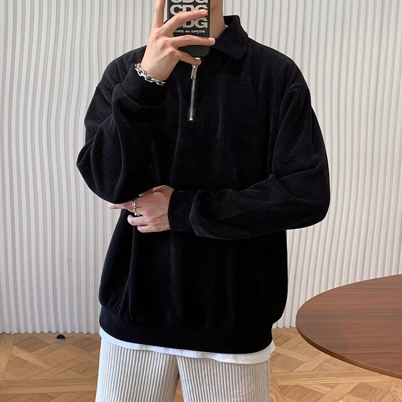 Half Zip Long Sleeve T-shirt Men Spring and Autumn New Loose Top for Men's Fashion Brand Casual Polo Neck Sweater_voghion.com