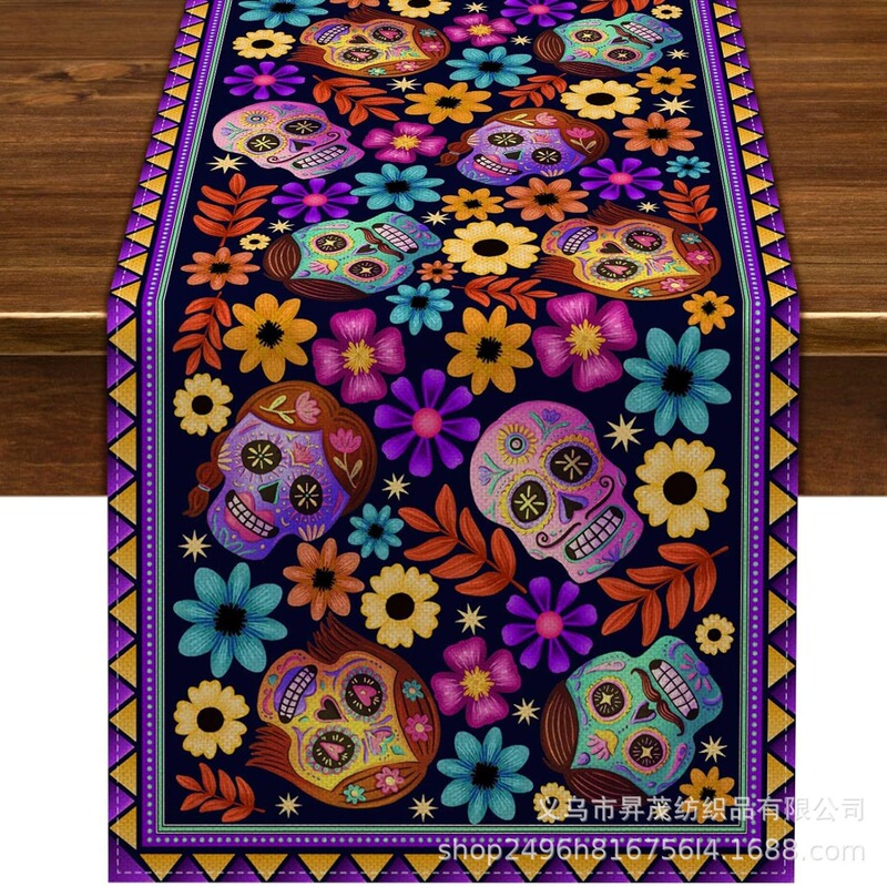 クロスボーダー新しいメキシコ死者の日カーニバルスカルフラワーテーブルフラッグ家の装飾テーブルクロス|undefined