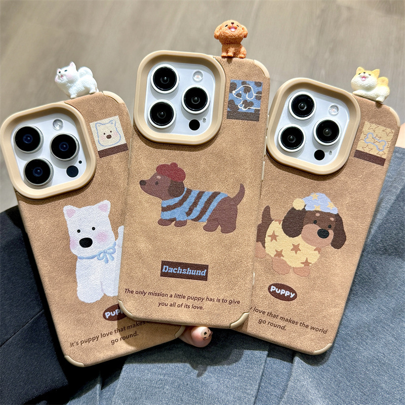 Autumn and Winter Leather Cute Dog 3D Doll iPhone 17 Pro Apple 14 Phone Case 15/13 Cartoon