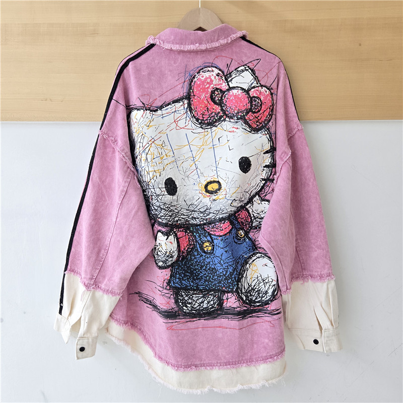 Marca de marea europea de la industria pesada empalme de contraste de color lavado de dibujos animados letras de impresión de diseño suelta gran camisa chaqueta de marea