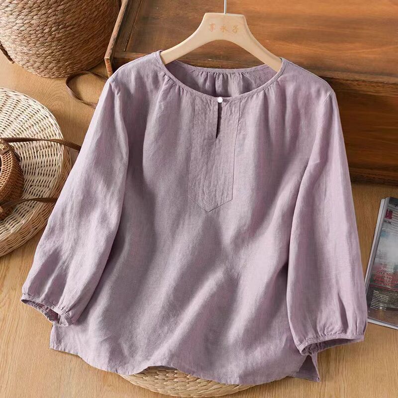 2025 New Summer Hemp Loose Casual Long-Sleeved Top Pleated Round Neck Design Lantern Art