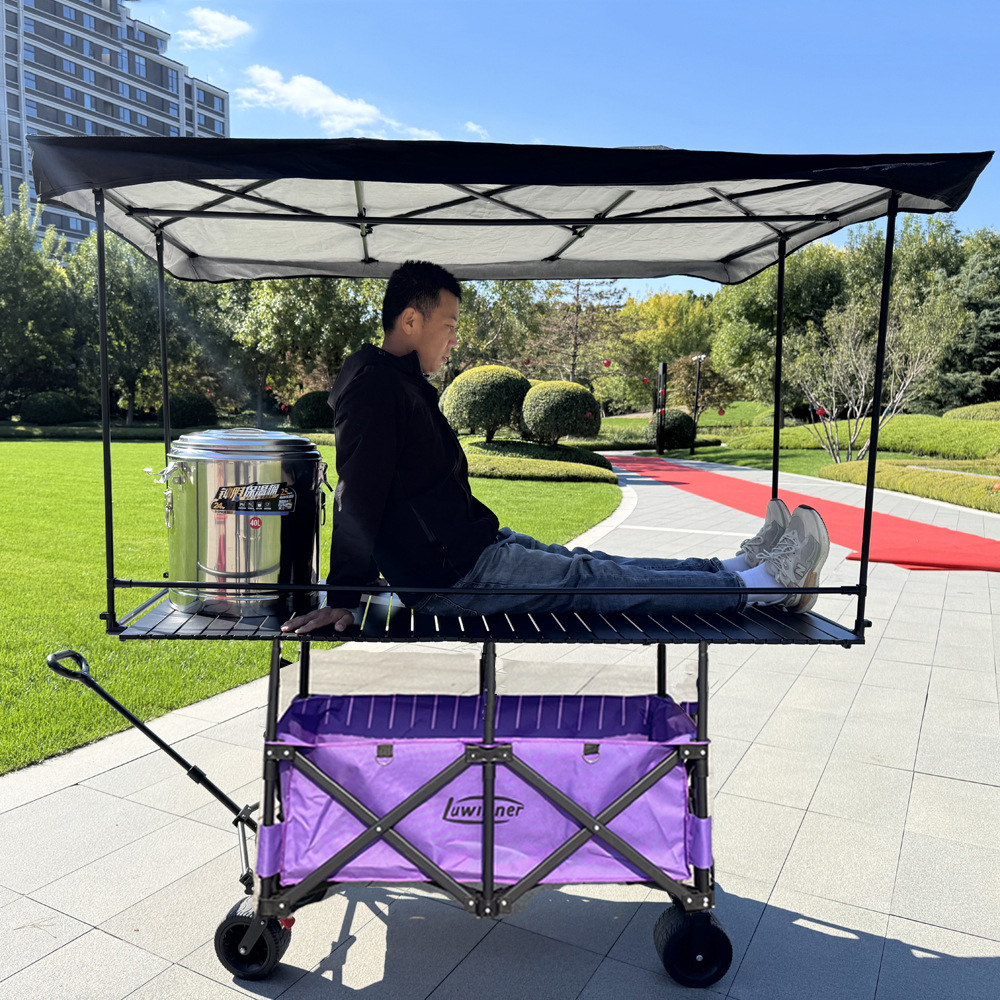 Folding Cart for Stalls, Hand-Pulled Cart for Camping, with Liftable Table Board, Umbrella, Extended and Elevated Table Board Canopy