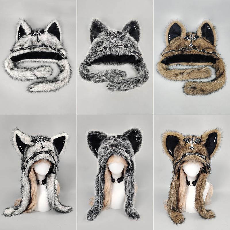 Cappello con orecchie da gatto, stile subculturale, punk, rock, autunno e inverno, cappello termico, stile gotico, invernale, in peluche_voghion.com