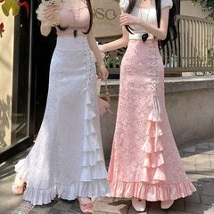 ゴシックロングスカートレースアップビクトリア朝プリントフィッシュテールコートスカートスチームミッドセンチュリーパンクウエストスリムフィット