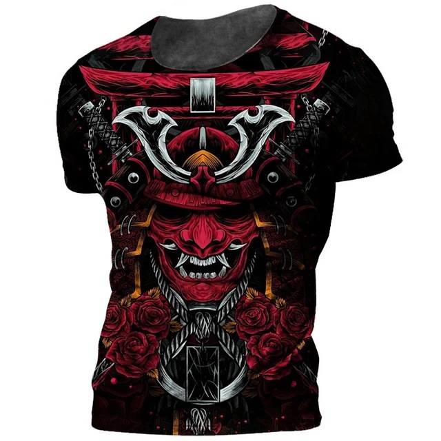 Tinta Jianghu Swordsman 3D Impresión digital Moda de la calle principal para hombres Camiseta de cuello redondo de manga corta transpirable de malla suelta