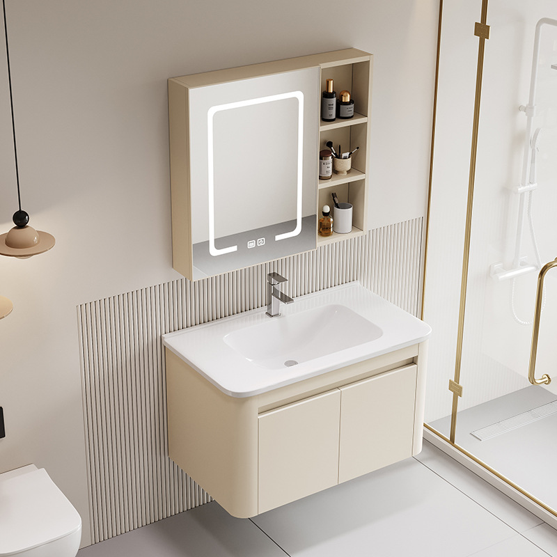 gabinete de baño de panal de aluminio espacial de pared combinado en una bañera de cerámica lavabo de mano lavado de cara gabinete de espejo inteligente
