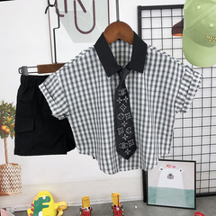 男童領帶襯衫兒童短袖襯衣休閒韓版寶寶洋氣寬鬆兒童格子上衣開衫