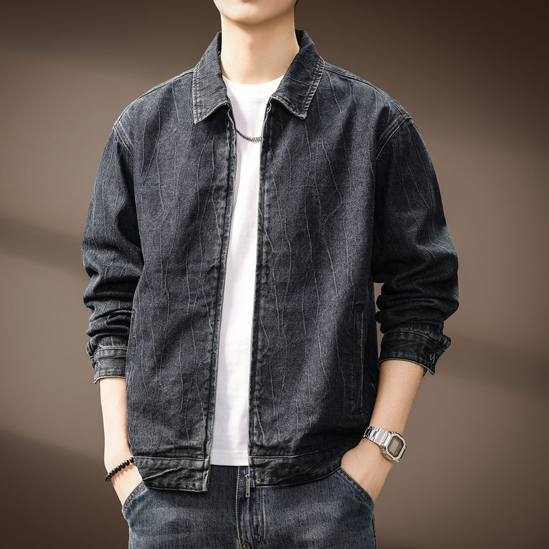 High-End Jacquard Texture Trendy Brand Denim Jacket for Men 2026 Spring New Loose American Retro Jacket Men's Clothing