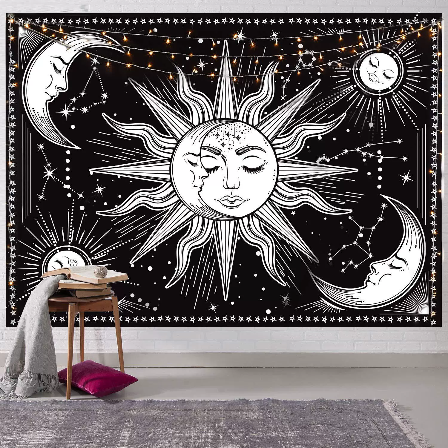 Cross-border bohemian style black and white tapestry moon art aesthetic tapestry bedroom living room dormitory decoration wall hanging