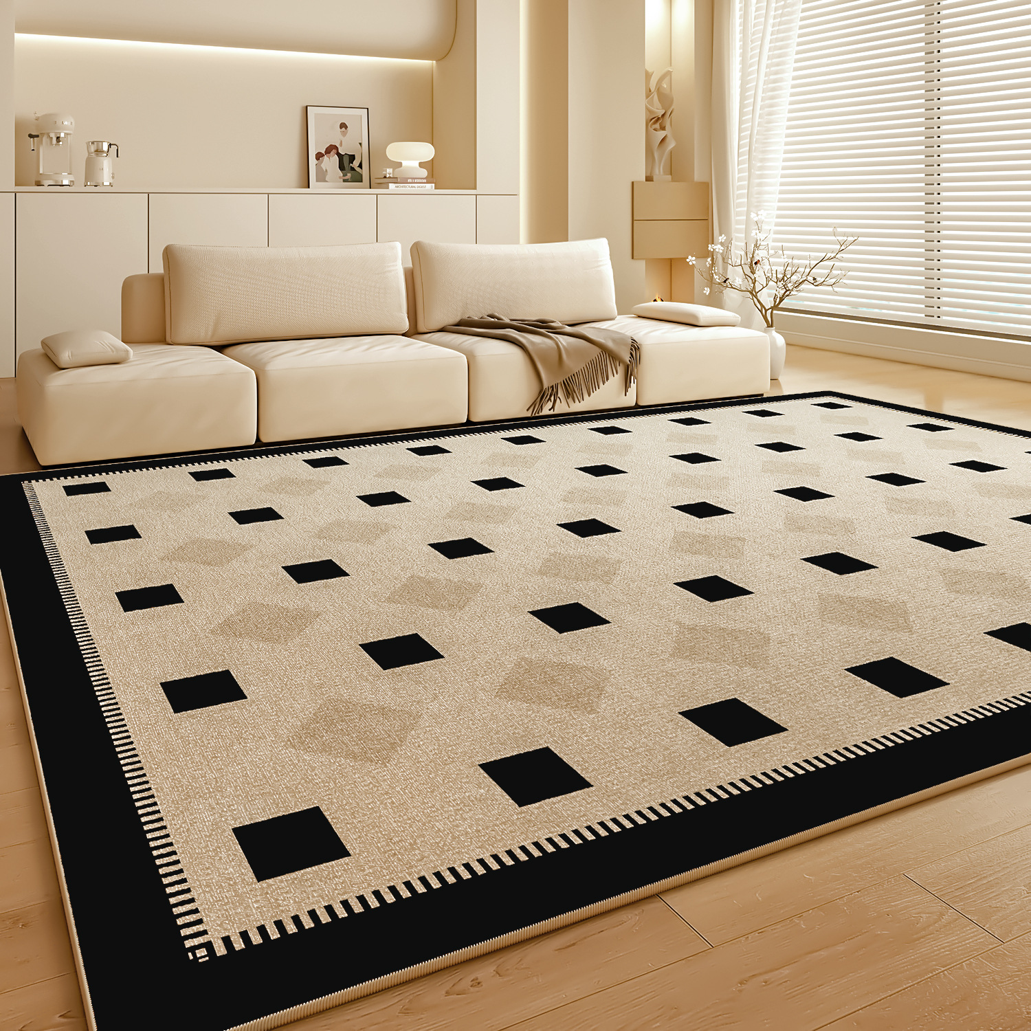 Wohnzimmerteppich in Creme, luxuriöser Sofa- und Couchtischteppich, elegante Wohnaccessoires_voghion.com