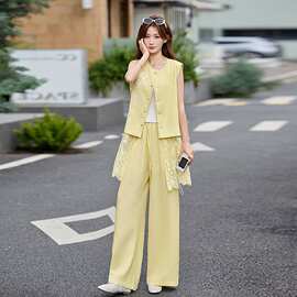 老钱风无袖蕾丝刺绣马甲阔腿裤两件套女2026夏季新款松弛感套装潮