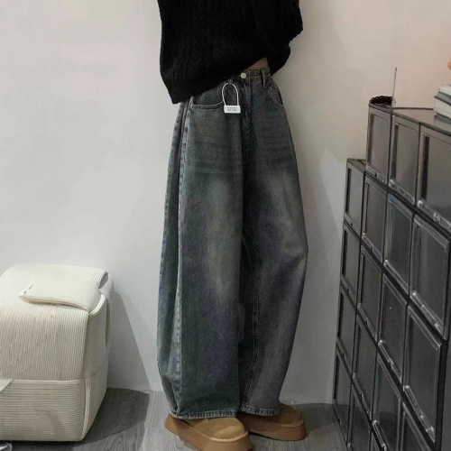 Design-inspired relaxed wide-leg jeans for women, summer American retro washed high-waisted slimming drag-down floor-length pants