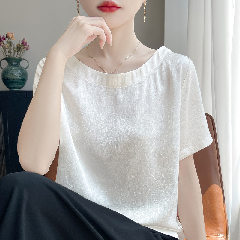 短袖t恤女装夏高级感大码胖M减龄遮肚子醋酸缎面正肩真丝小衫上衣|undefined