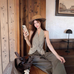 设计感条纹V领挂脖背心短款上衣女夏季宽松休闲裤阔腿长裤两件套