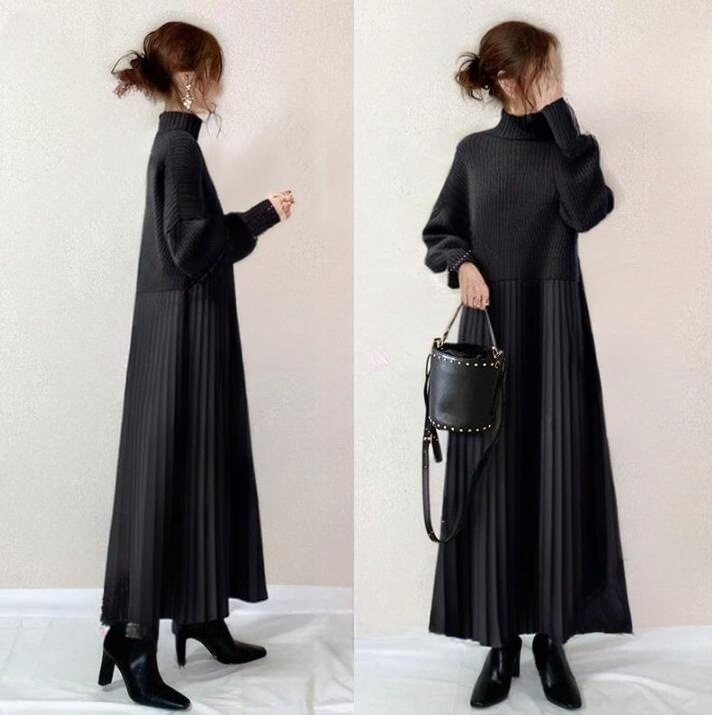 In-Stock High-Neck Sweater with Woven Pleated Skirt In-Stock High-Neck Sweater with Woven Pleated Skirt