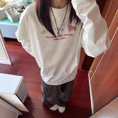 100%纯棉白色长袖t恤女新爆款设计感小众宽松慵懒风内搭打底衫潮