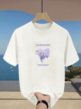 女圆领短袖 英文字母油画印花图案 日常风格T恤，休闲上衣