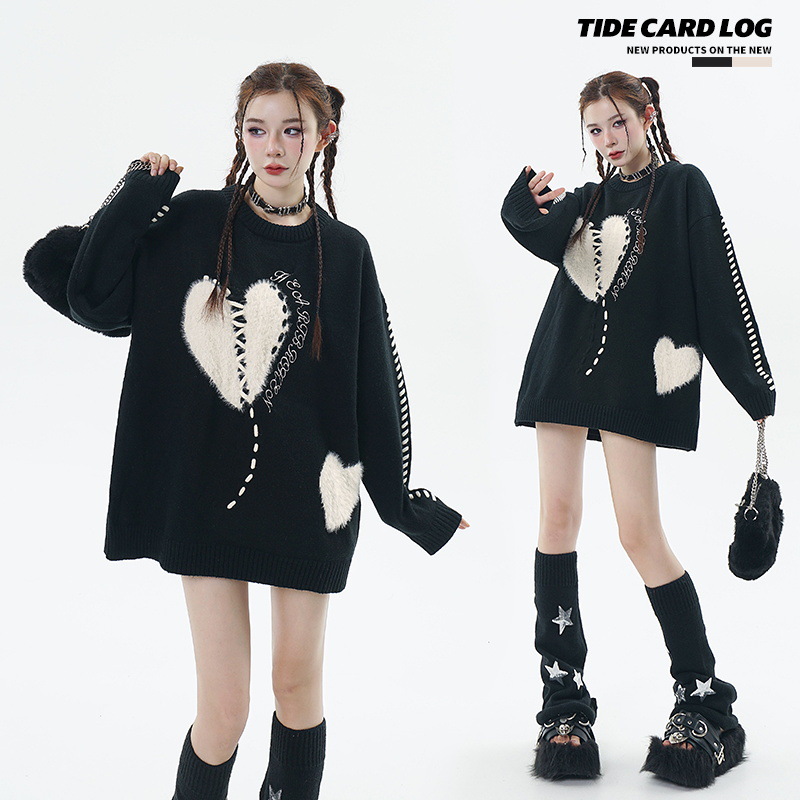 Herrenbekleidung Street Fashion Marke Liebe Stickerei Design lockerer Rundhals-Strickpullover_voghion.com