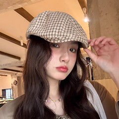 2025新型春夏レトロ格子前進帽女性韓系顕顔小鴨舌ベレー帽子画家帽