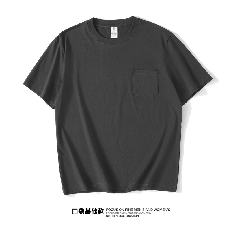 ダークダークグリーンピュアコットンベーシックTシャツトップスメンズ2025新作シンプル万能カラーパッチポケット半袖シャツ|undefined
