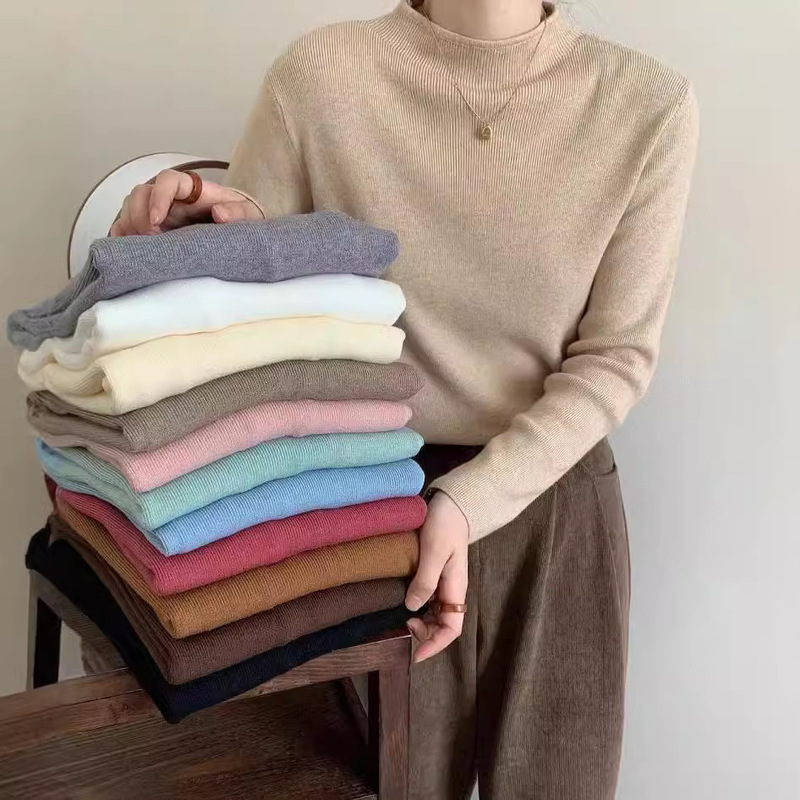 Cross-border New Basic Candy Multicolor Semi-high Collar Base Knitted Shirt for Women Soft Waxy Long Sleeve Inner Top for Women Cross-border New Basic Candy Multicolor Semi-high Collar Base Knitted Shirt for Women Soft Waxy Long Sleeve Inner Top for Women