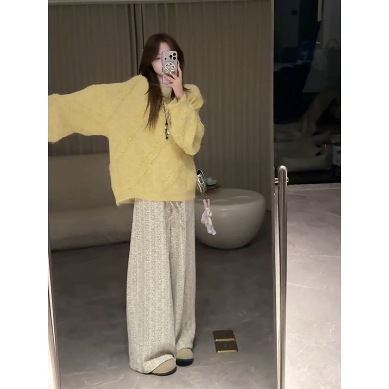 休闲慵懒风套装女秋季新款设计感毛衣上衣宽松显瘦阔腿裤|undefined