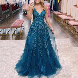 亞馬遜吊帶舞會禮服女2025秋季新款性感貼花長款舞會蓬蓬紗晚禮服