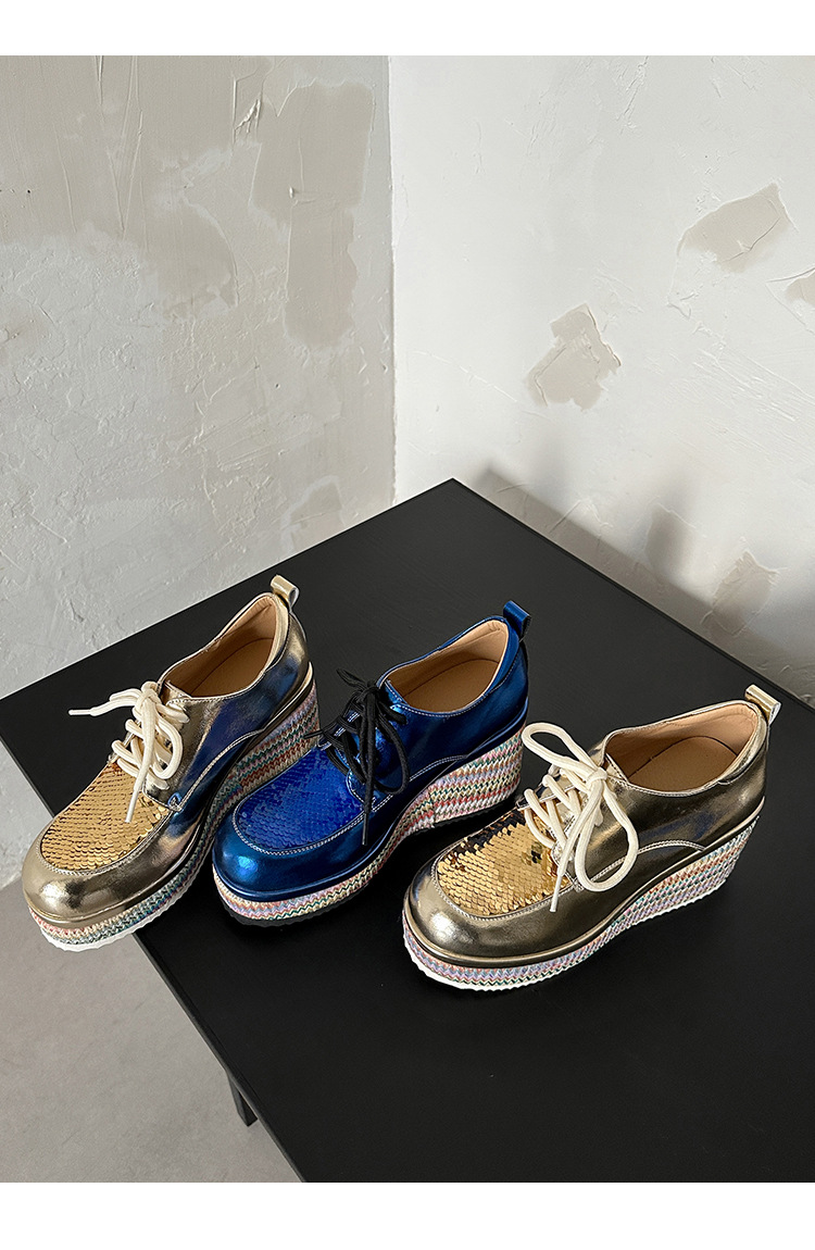 Giày loafer nữ đế xuồng cao gót 9 cm, phối đế cói, dây buộc, phối sequin lấp lánh — màu vàng, xanh lam chi tiết 22