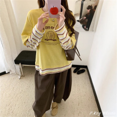 016 秋季2025新款慵懒风拼接条纹长袖打底衫字母假两件女士T恤潮
