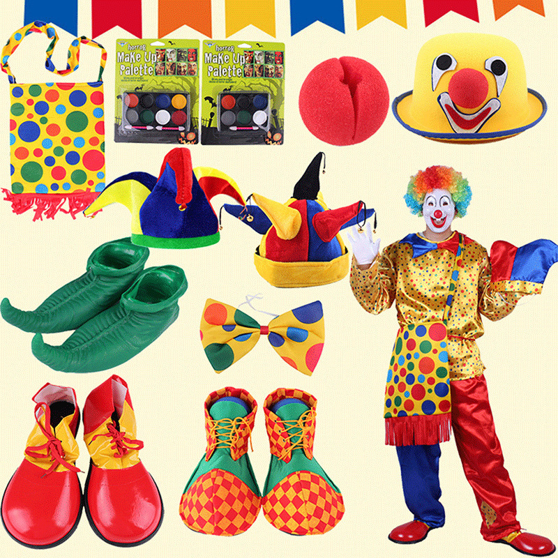 Sombrero de payaso gorra corbata mochila óleo óleo gafas peluca máscara de payaso zapatos espectáculo vestuario accesorios