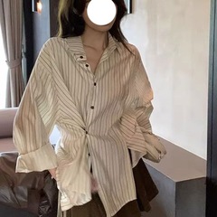 2025年春夏雪纺杏色长袖直筒不对称设计感小众条纹衬衫女小个子潮