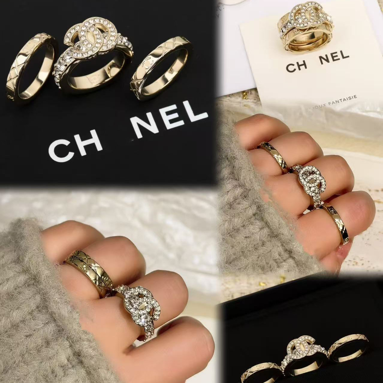 新款小香双C三件套满钻菱格戒指女时尚百搭三合一香奶奶网红首饰