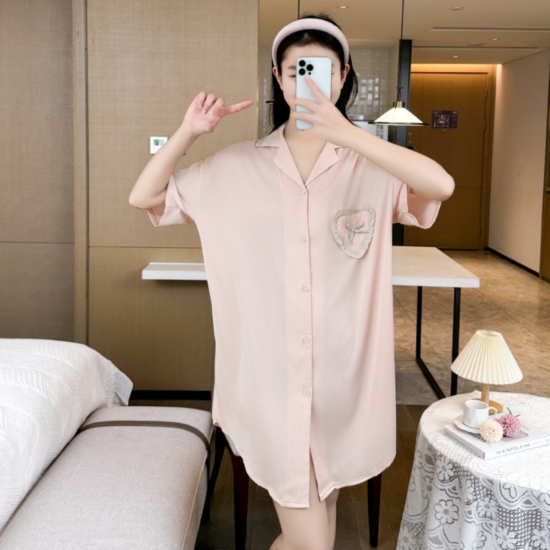 New Style Pajamas Women's Spring and Summer Boyfriend Style Nightgown Silk Imitation Silk Ice Silk Acetic Acid Internet Popular Over-the-Knee Shirt Dress Home Clothes