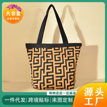 定制回字纹针织包托特包女通勤百搭几何条纹飞织单肩包包大容量女