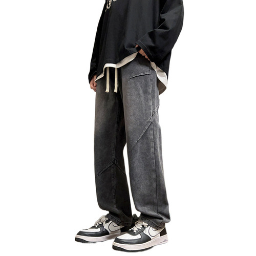 American Trend Stretch Waist Jeans for Men, Retro Washed and Distressed Loose Straight Leg Pants with Hong Kong Style Floor-Length Wide-leg Design