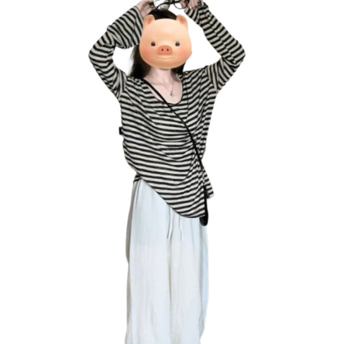 American Retro Color-Blocking Striped Sun Hat T-Shirt for Women - Summer Loose Casual Relaxed Sensation Top - Thin Model