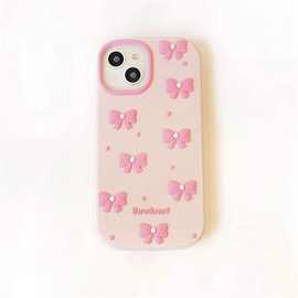 适用于型号iphone16女款可爱粉色珍珠蝴蝶结3D立体硅胶防摔手机壳