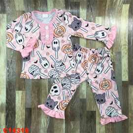 精品外贸婴幼儿童装批发万圣节恐怖南瓜女孩粉色睡衣套装