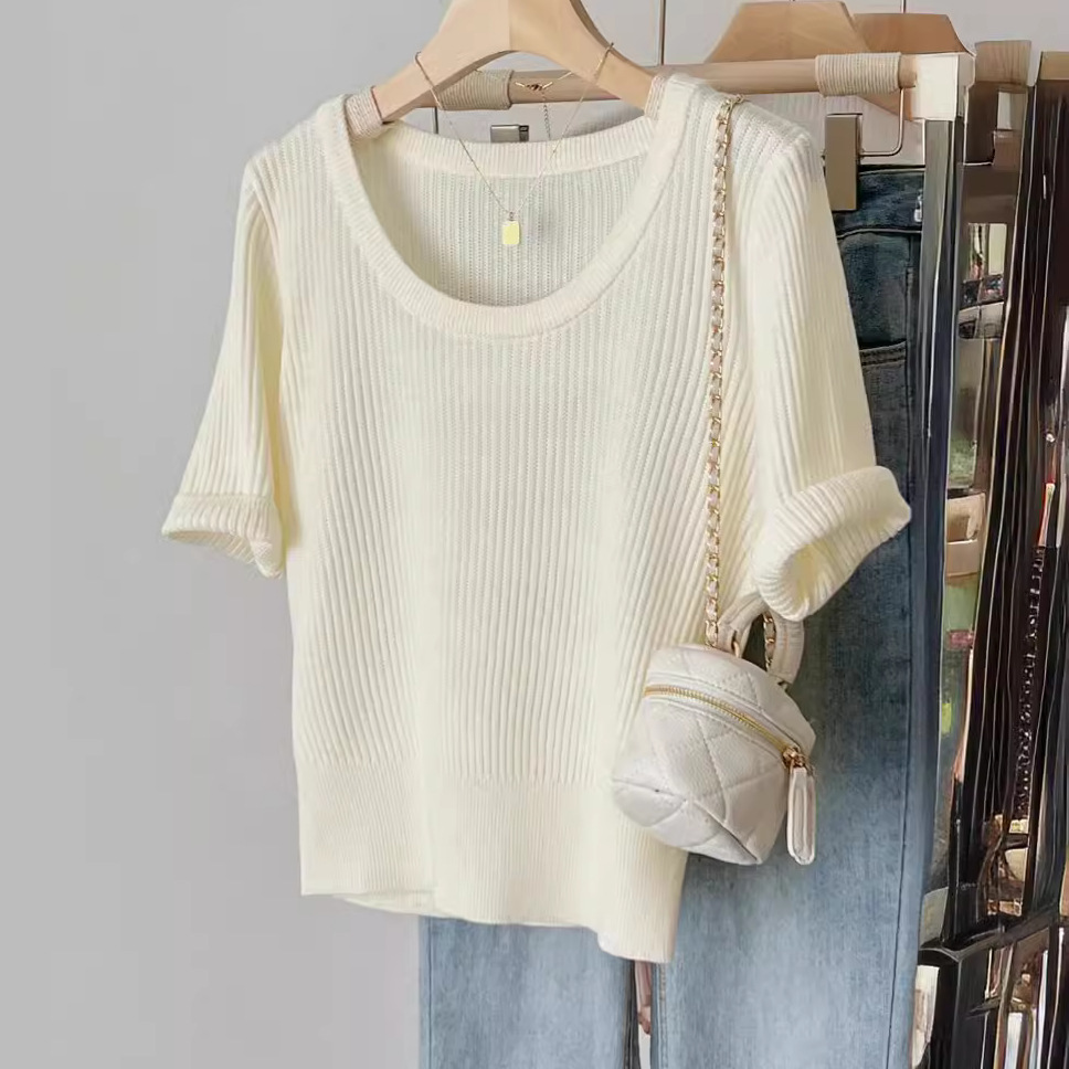Real Shot of 6 Wool Summer New Design Niche Right Shoulder Short U-Neck Bottoming Knitted Short-Sleeved T-Shirt Tops for Women