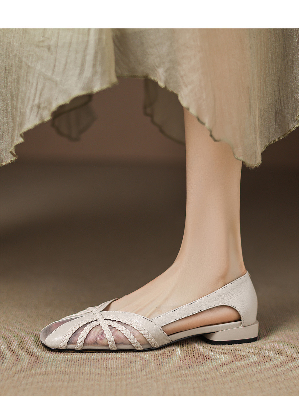 Sandal nữ da cừu mũi kín đế bệt phối lưới thoáng khí — đen chi tiết 12
