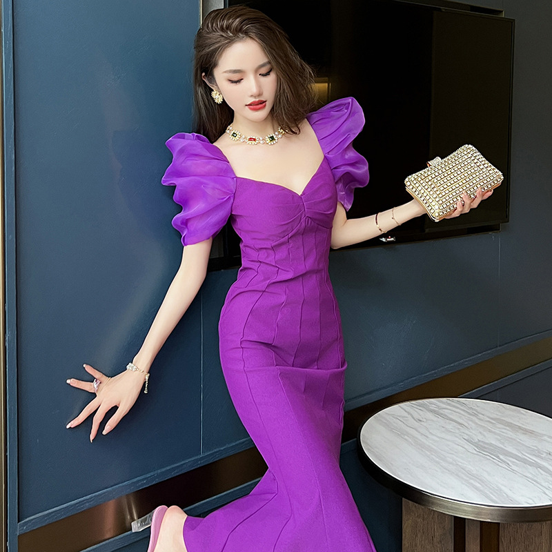 法式复古紫色V领过膝连衣裙新款优雅气质泡泡袖修身鱼尾长裙20503