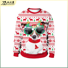 潮流眼鏡狗狗聖誕數碼印花圖案套頭圓領聖誕情侶裝衛衣 廠家代發
