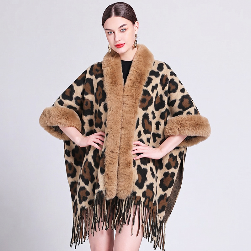 Direct from the manufacturer: New European and American style knitted scarf with leopard print fur collar, soft and warm women's tassel shawl