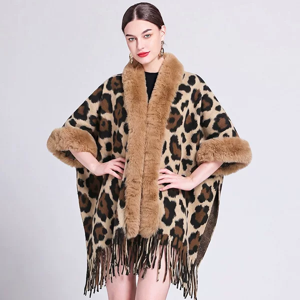 Direct from the manufacturer: New European and American style knitted scarf with leopard print fur collar, soft and warm women's tassel shawl