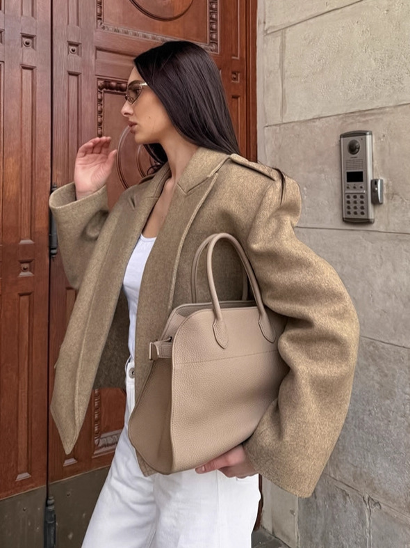 跨境通勤职场灰色西装外套女2025秋季设计感毛呢垫肩西服上衣女装|undefined