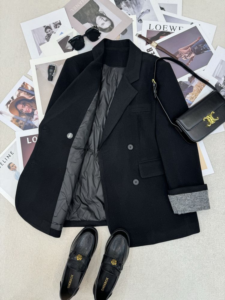 冬季新款小西装中长款外套女装内胆羽绒服设计感毛呢大衣