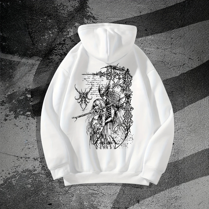 Gothic warrior hoodie, full-line art print on the back, drawstring loose-fitting drop-shoulder casual sweatshirt.