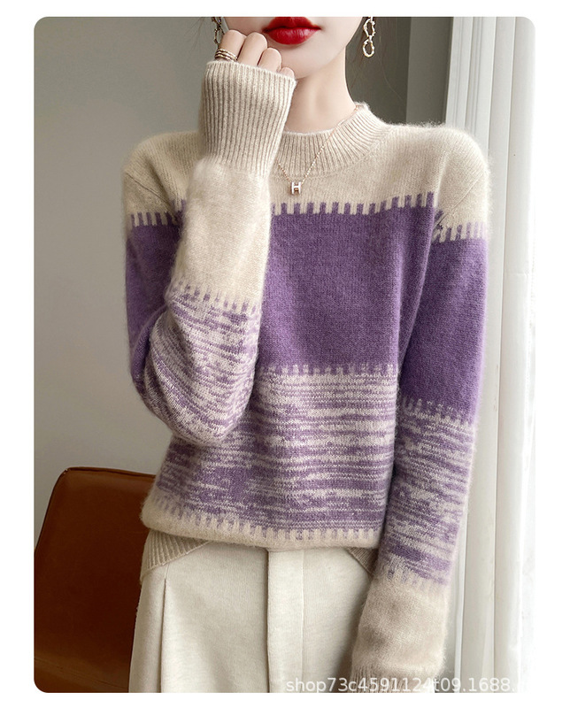 2024新型の色のストライプの長袖のニットのウールの女性のゆったりしているファッションの洋風のカジュアルな怠惰な風の頭の上着|undefined