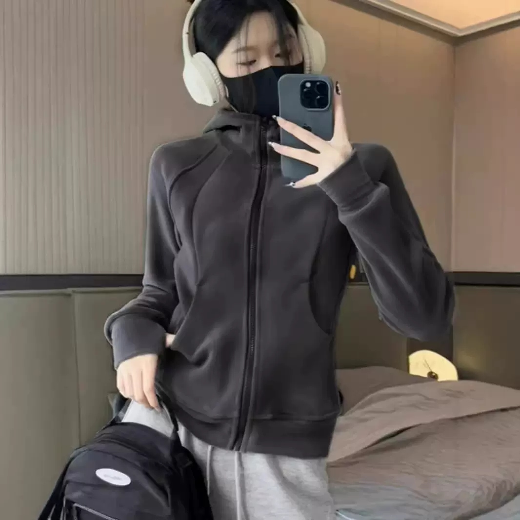 lulu双面德绒连帽卫衣女春秋新款加绒奥粒绒摇粒绒小个子加厚外套