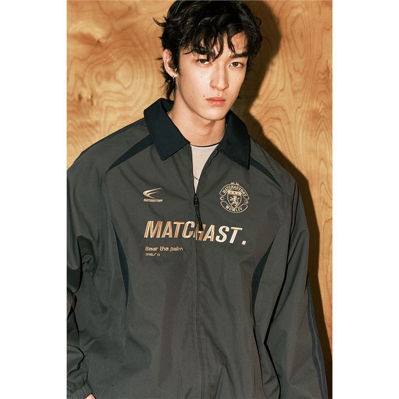 Matcha Story Matcha Story Color Block Embroidered Lapel American Retro Jacket Men's Spring and Autumn Racing Suit Jacket